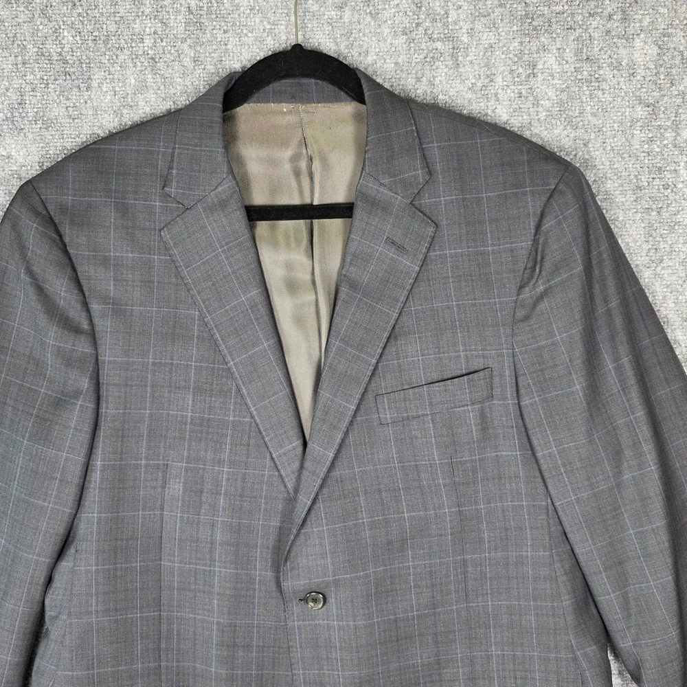 Vtg Hickey Freeman Suit Jacket Men 42‎ Grey Plaid Wool Silk Blazer Nordstrom USA
